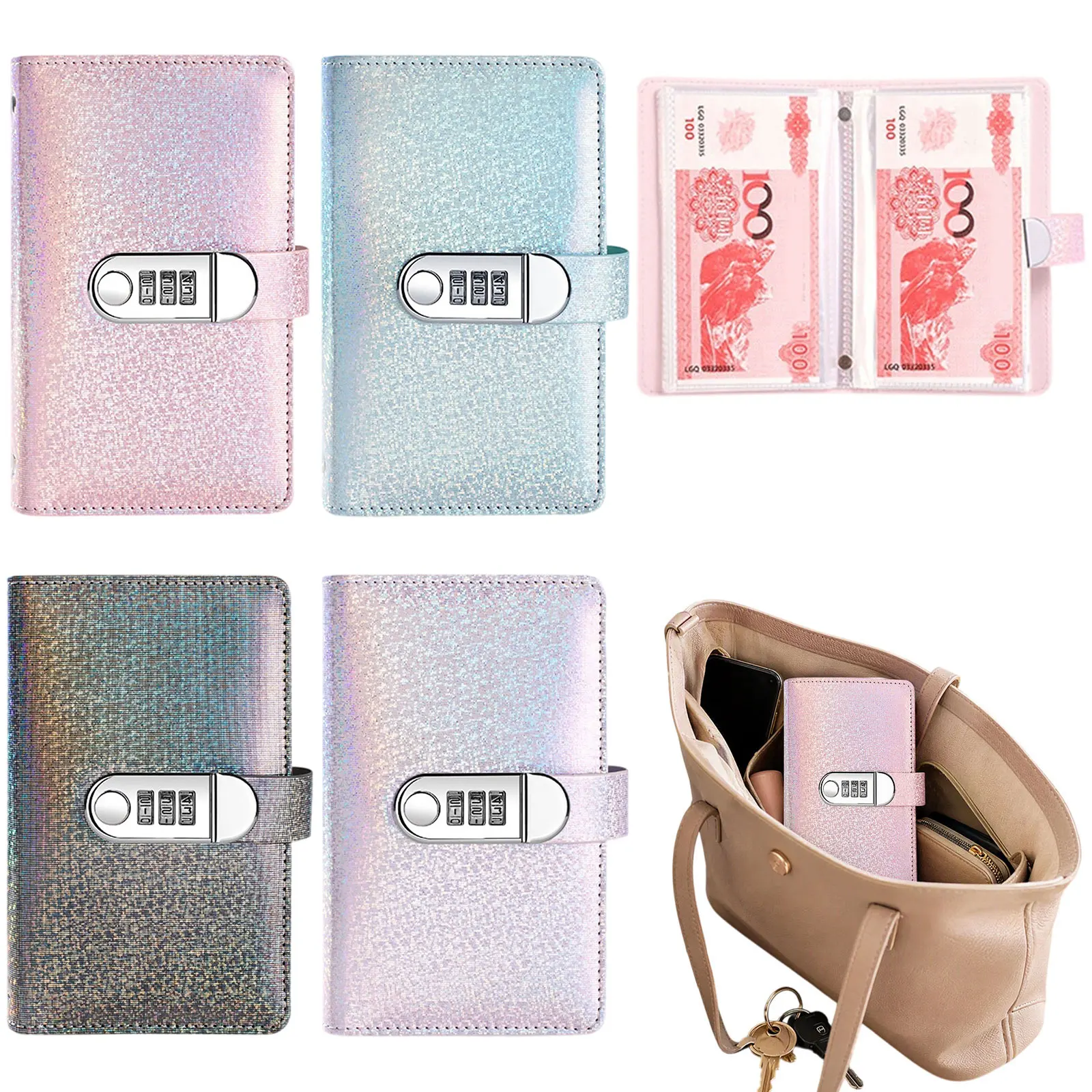 100 Envelope Money Saving Challenge Book with Combination Lock Holographic Glitter Finance Planner