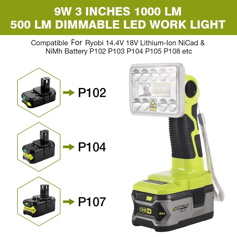 LED Work Light 9W 3 Inch Rotatable Cordless For Ryobi 14.4V-18V ONE+ Li-ion NiCd NiMh Battery Outdoor Work Lighting Spotlight