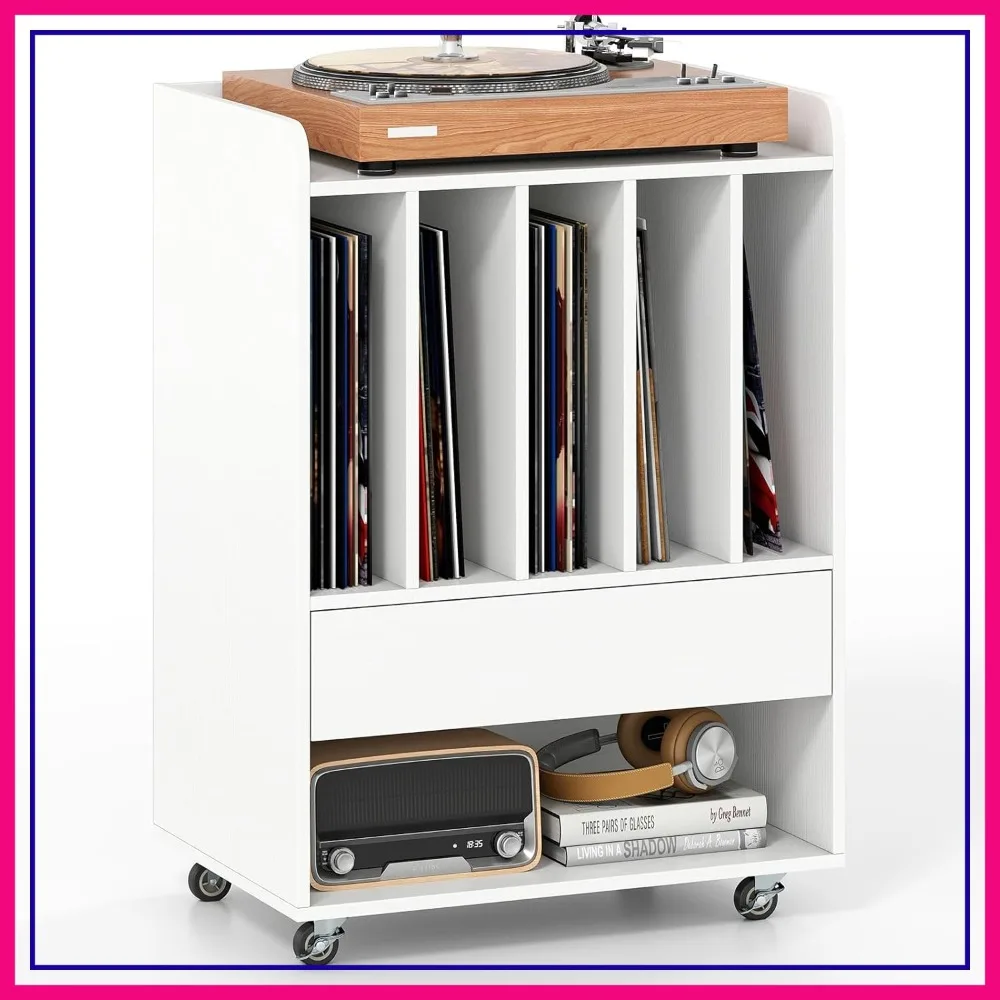 

Rolling Turntable Stand with Drawer & Lockable Wheels, Holds 150 Albums, White