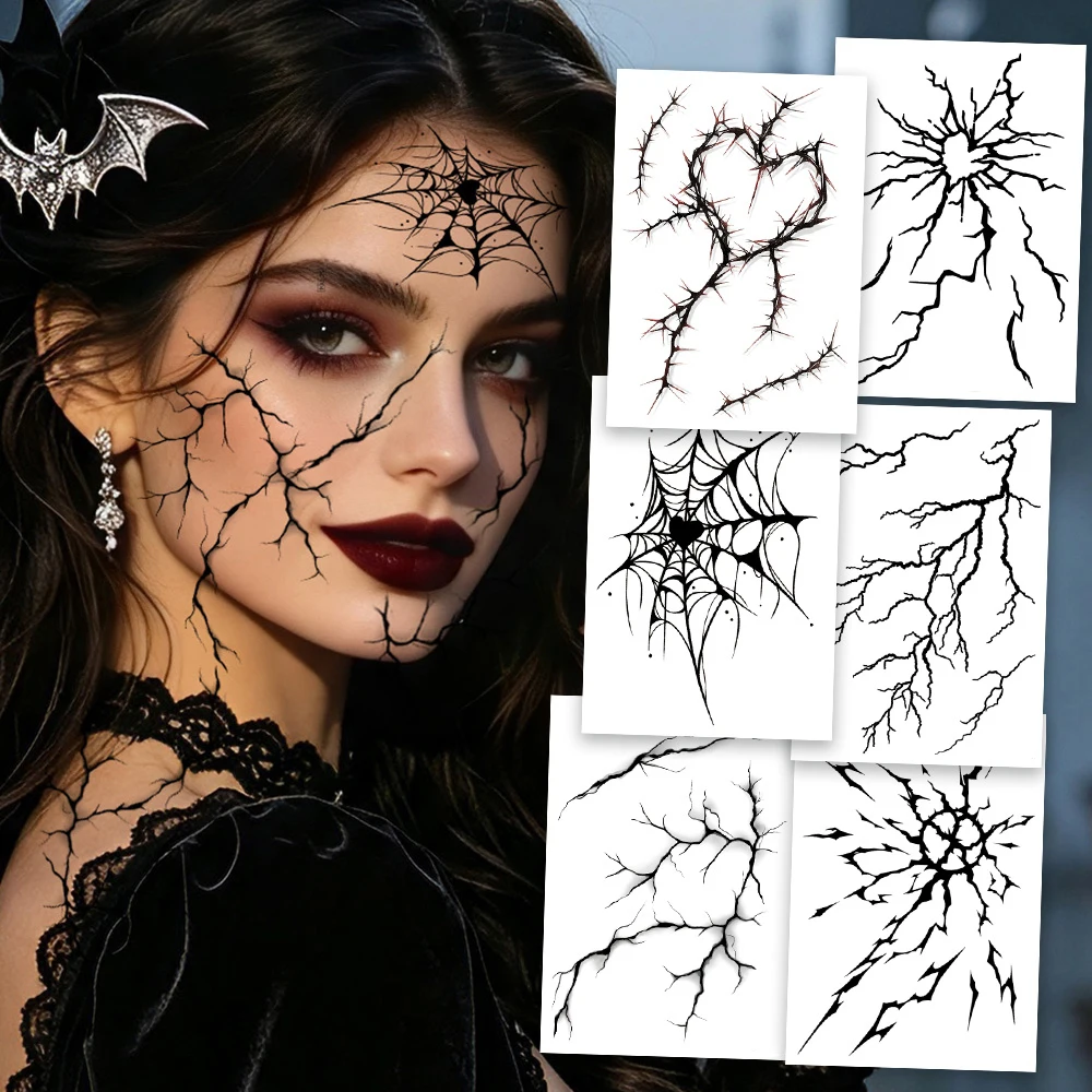 6 Sheets Halloween Black Vessel Lightning Crack Temporary Tattoos, Decor for Masquerade Prank Cosplay Nightclub & Music Festival