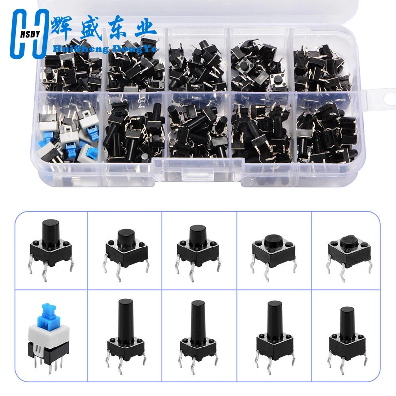 180PCS 10 Type 6*6 Light Micro Touch Switch Set Push Button Switch Kit Assortment Set DIY Tool Accessories 6x6 Keys Tact ON/OFF