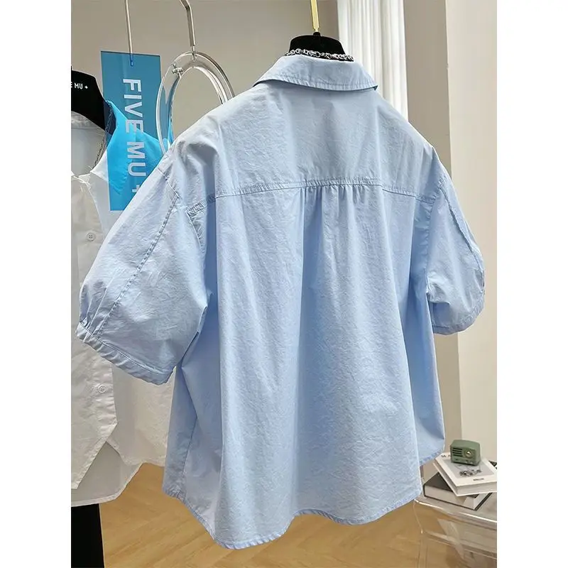 00% Bawełna Koreański Krój Luźny Top Damski Letni Modny Bluzka z Guzikami Jednolity Kolor