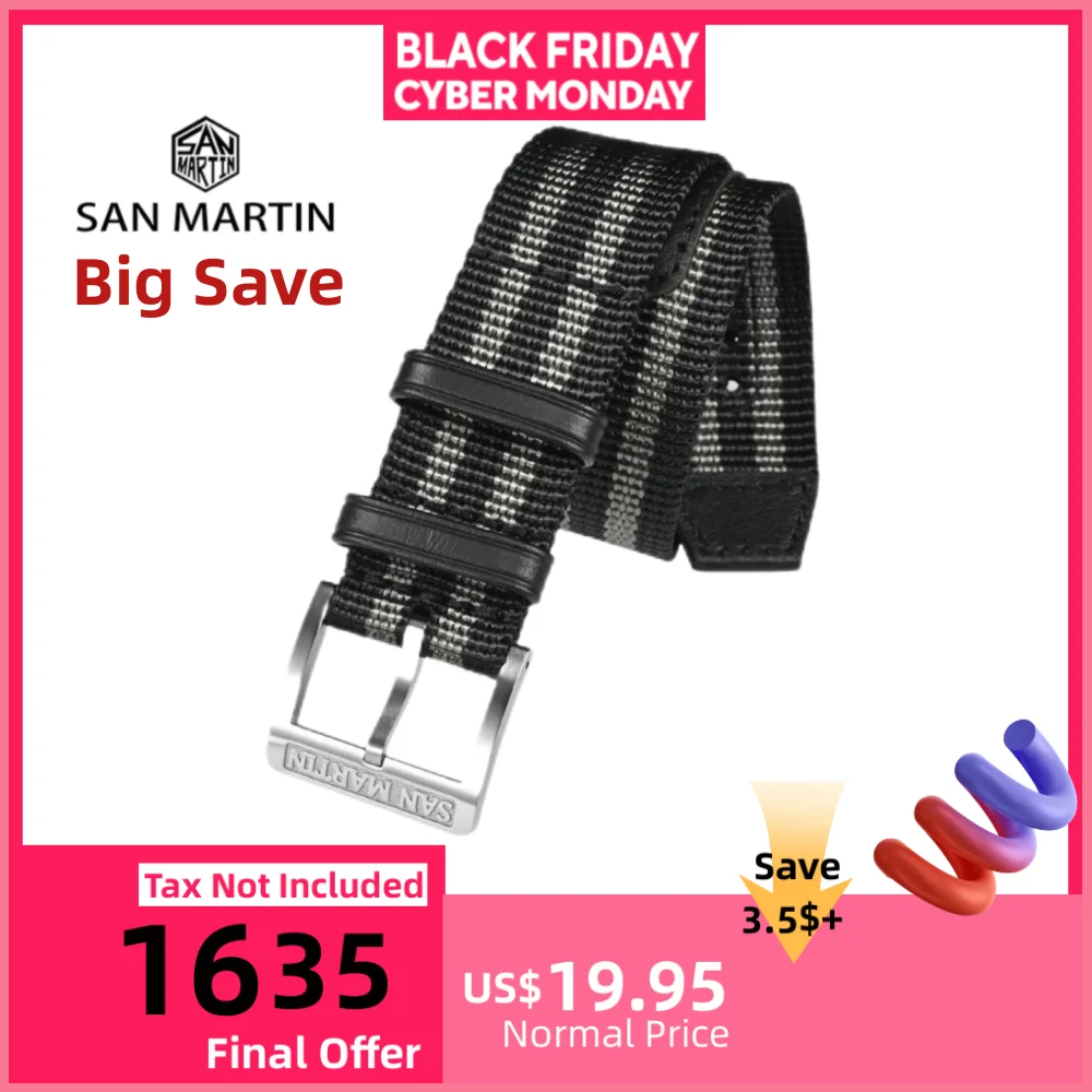 

San Martin 20mm High Density Premium Nylon Watchband For Watch With Lug Width Solid Steel Pin Buckle Retro Leather Loops SN0105