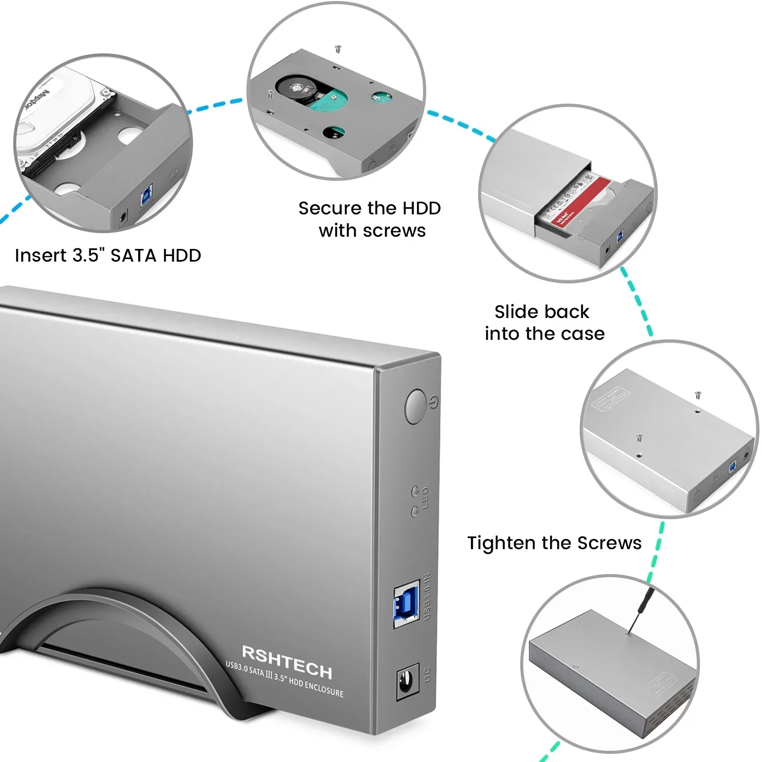 RSHTECH 3.5 ''HDD Case 5Gbps USB C ถึง SATA ฮาร์ดไดรฟ์ภายนอก UASP อัตโนมัติ Sleep สําหรับ 3.5 นิ้ว SATA I/II/III HDD SSD