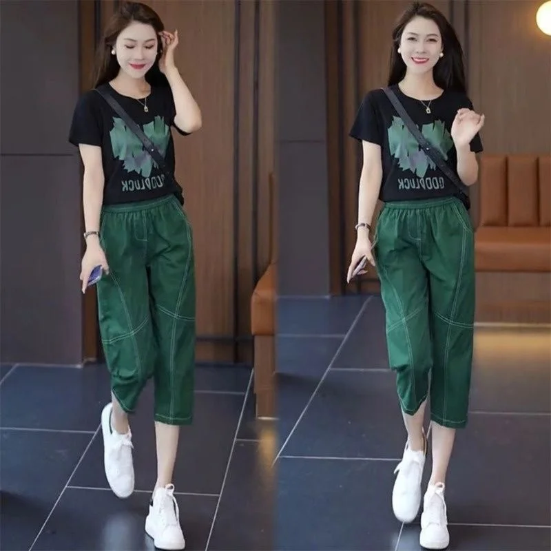 Women\'s Loose Fashion Summer New Casual Suit Meat Covered Short Sleeve T-shirt Harun Calf-Length Pants 2 Two Piece Set For Women