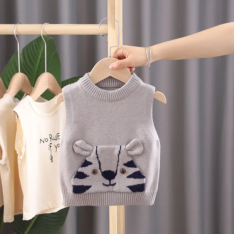 2025 Autumn New Sweater Vest Cartoon Tiger Round Neck Pullover Vest for Boys and Girls Vest