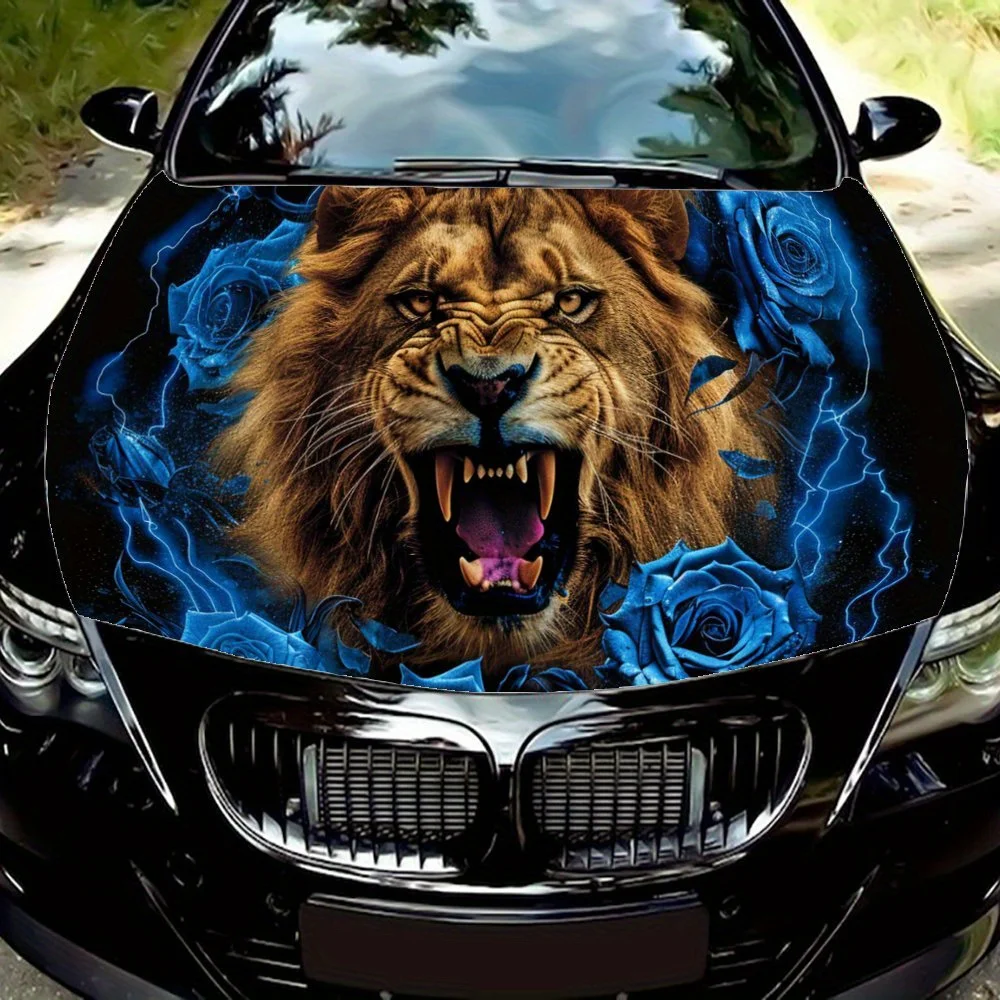 Ferocious Lion with Blue Rose Lightning Car Hood Wrap Color Vinyl Sticker Truck Graphic Bonnet Auto Accessories Decor Decal Gift