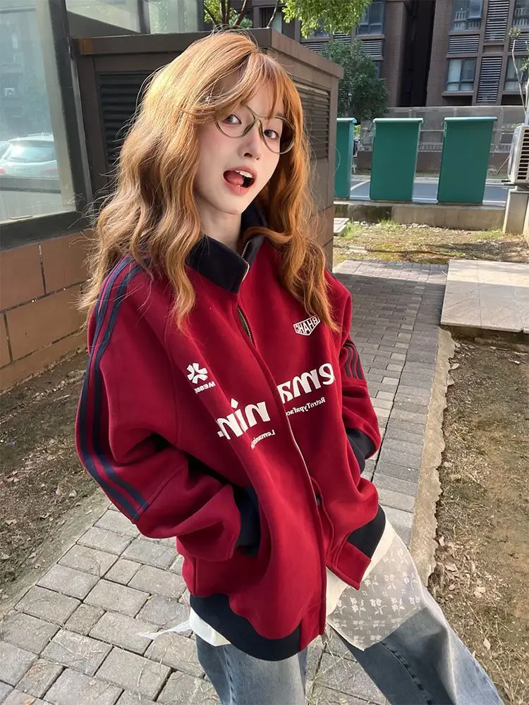 

Women's Color Block Track Jacket: High-Street Three-Stripes Stand Collar Hoodie, Oversized Zip-Up Sweatshirt Coat for Autumn.