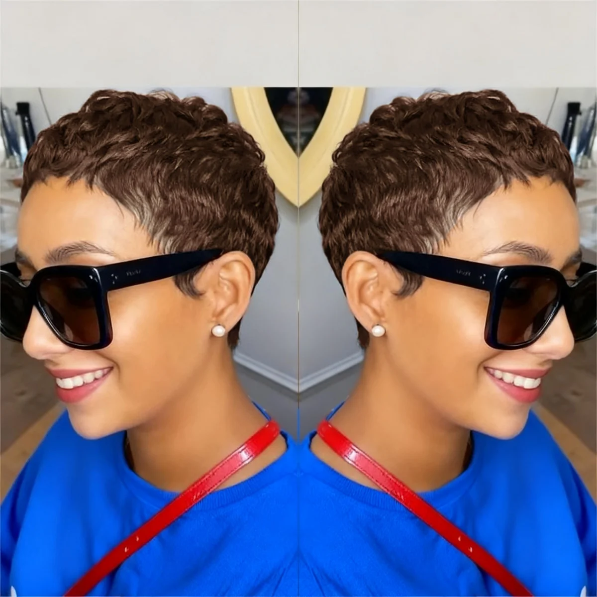 흑인 여성용 짧은 픽시 가발 스트레이트 인모 풀 머신 메이드 가발