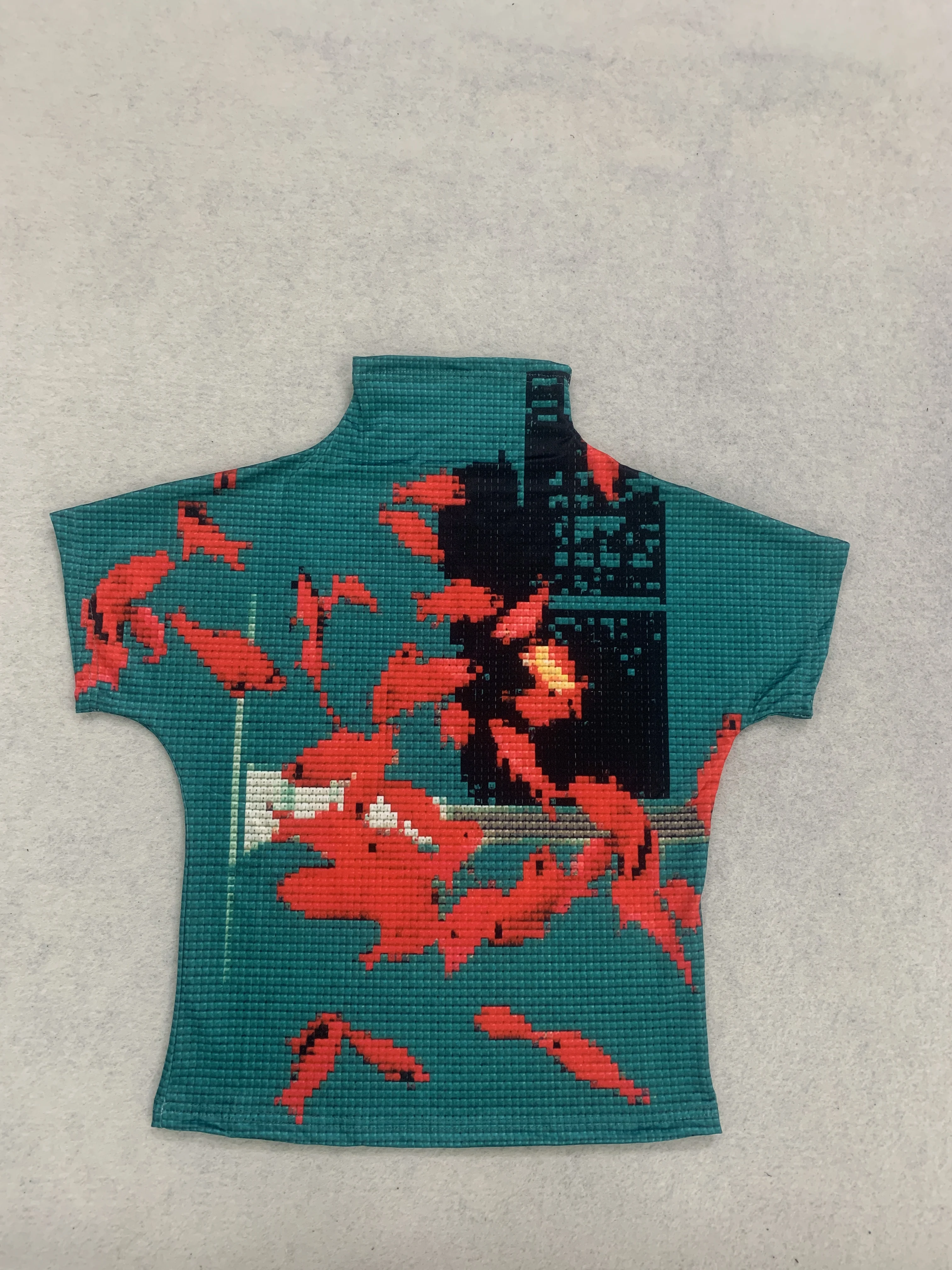 Retro INS Sommer Damen Hochgeschlossenes Neues Sommer-Waffel-Print-Top Orientalisches Koi Kurzarm-T-Shirt – Detail 3