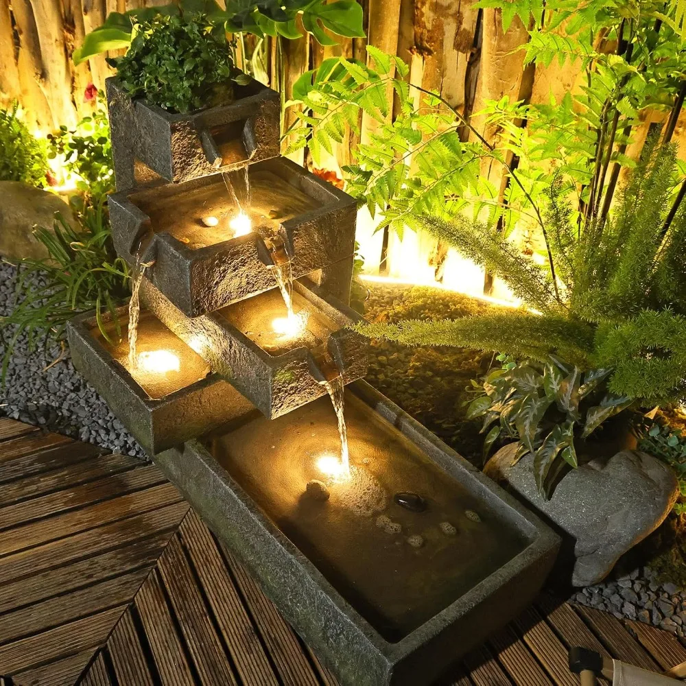 32.5-inch Long Layered Fountain Outdoor Garden, Waterfall Indoor Independent Fountain, Concrete Art Modern Style with LED Lights