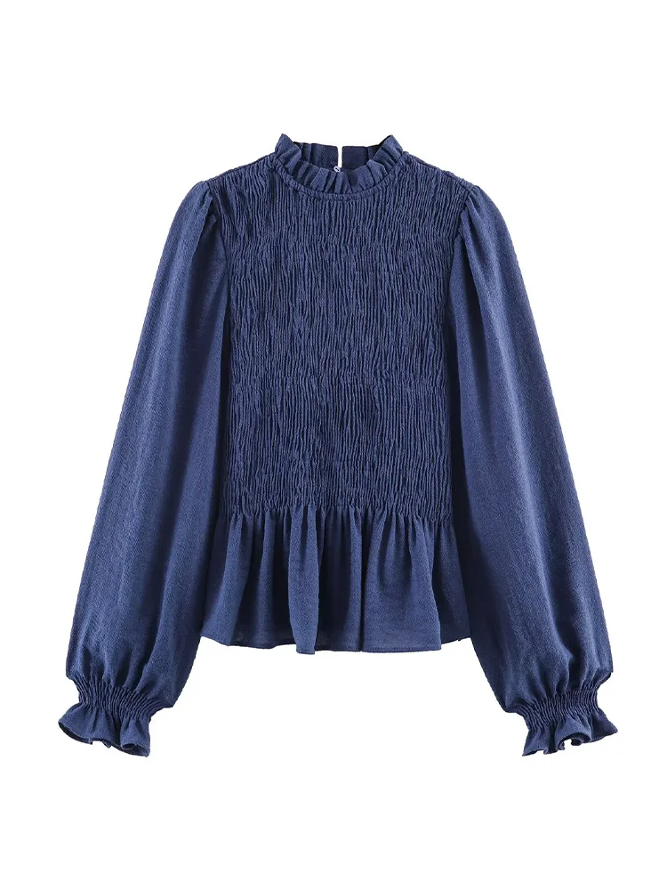 HH femmes élégant princesse manches nid d'abeille Plaid mince col rond chemise femme automne plissé à manches longues popeline taille Blouse