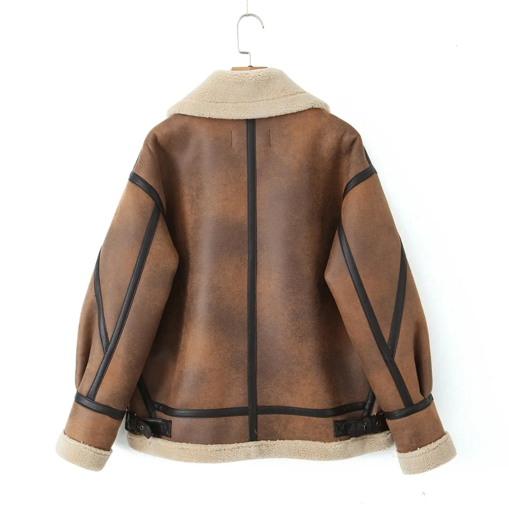 TRAF ZR-Chaqueta de piel sintética con contraste para mujer, abrigo de espinillas sintéticas, cuello con solapas y lengüetas con hebilla, invierno, 2024