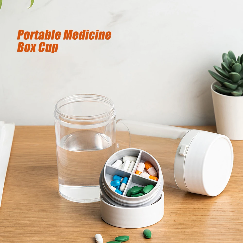 

1pcs 2-in-1 Portable Pill Box Water Cup Daily Sports Water Bottle with Pill Organizer 4 Compartments Travel Pill Organizer Cup