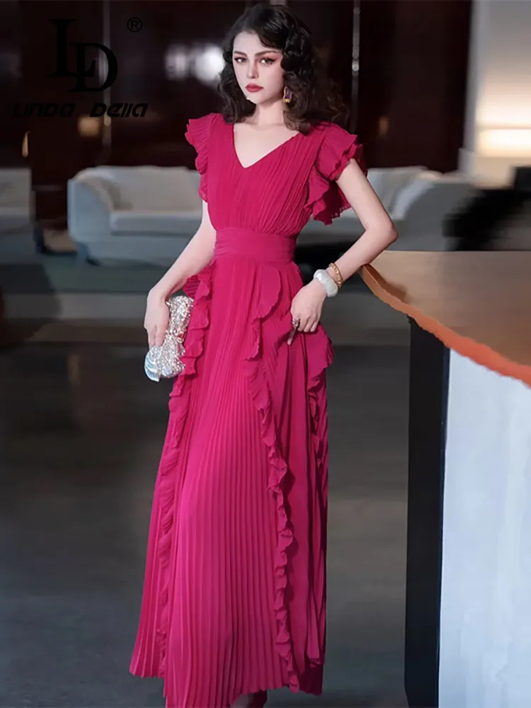 

LD LINDA DELLA 2024 Summer Luxury Dress Women's Vintage Solid Color Ruched Ruffles Chiffon Flutter Temperament Dresses