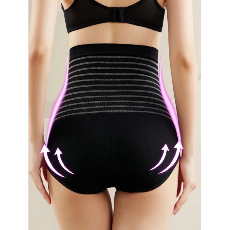 High Waist Striped Patchwork Women Shapewear Pants, Soft Bone Non-Roll Edge High Waist Knitted Tummy Control Pants