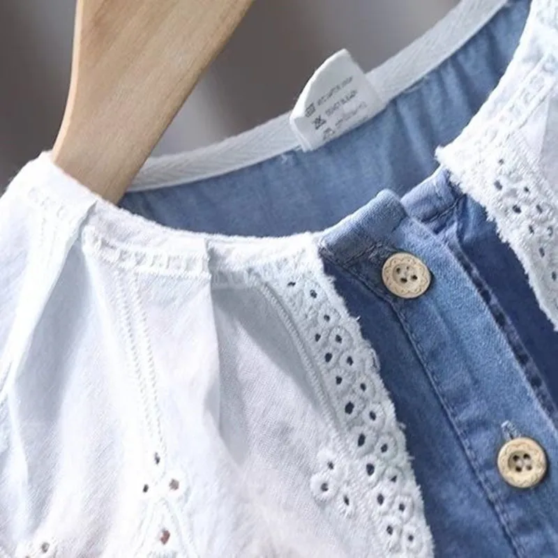 Children\'s Dress Summer Clothing 2023 New Girl Baby Lace Neck Short Sleeve Denim Dress Little Girl Princess Dress