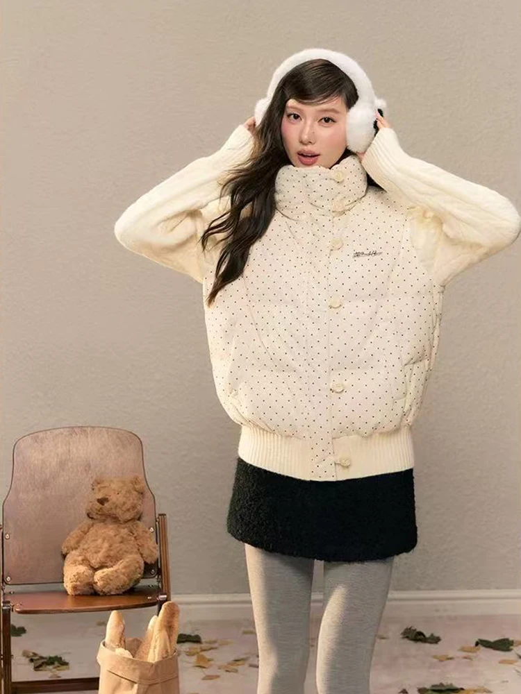 Sweet Polka Dot Patchwork Parkas Women Winter Thick Knit Long Sleeve Splicing Puffy Coats Japanese Loose Preppy Female Outwear