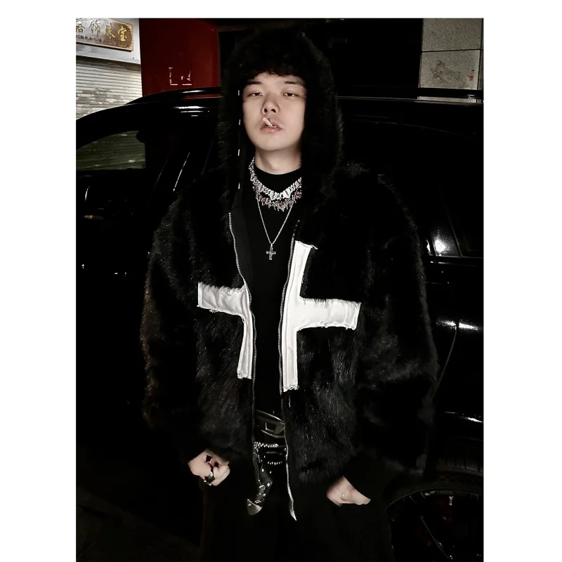 Autumn and winter street hairy hooded zipper double-sided European and American y2k solid color retro cardigan sweatshirt black