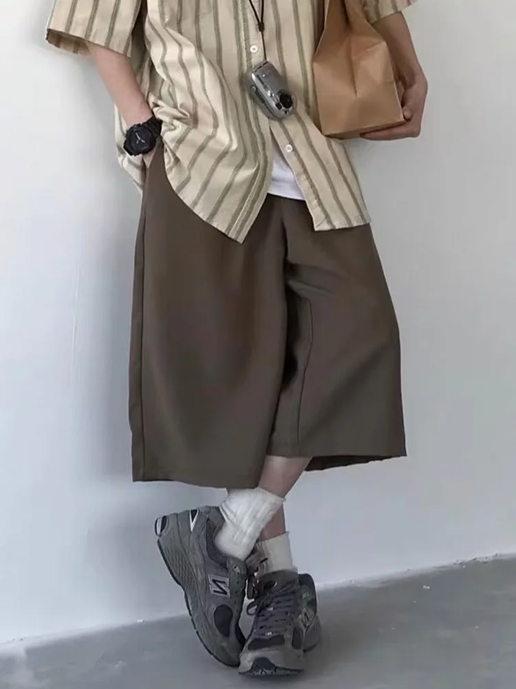 Summer Vintage Coffee Color Men's And Women's Loose Wide Leg Casual Over-Knee Seven-Foot West Pants Draping Sense Workwear
