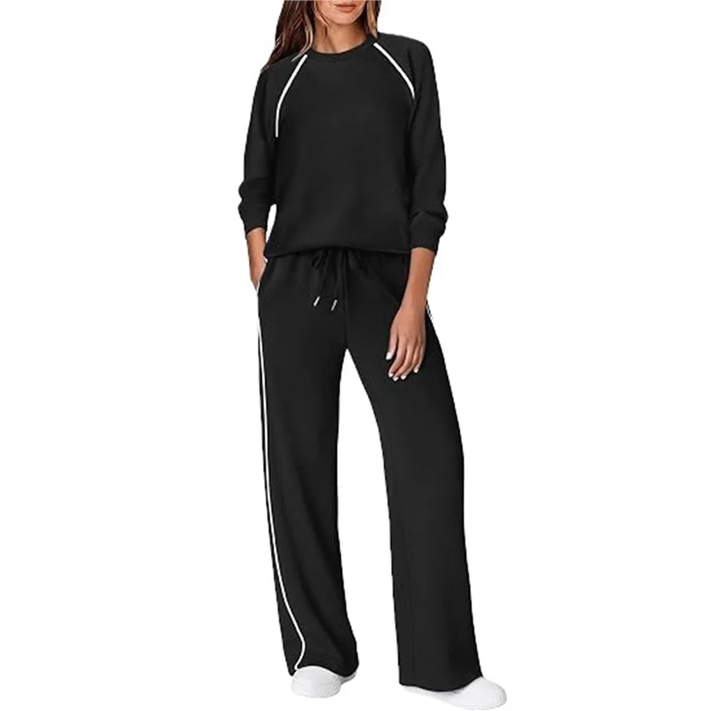 Women's 2 Piece Outfit Set Spring Fall Casual Color Block Crew Neck Long Sleeve Wide Leg Fashion Elegant