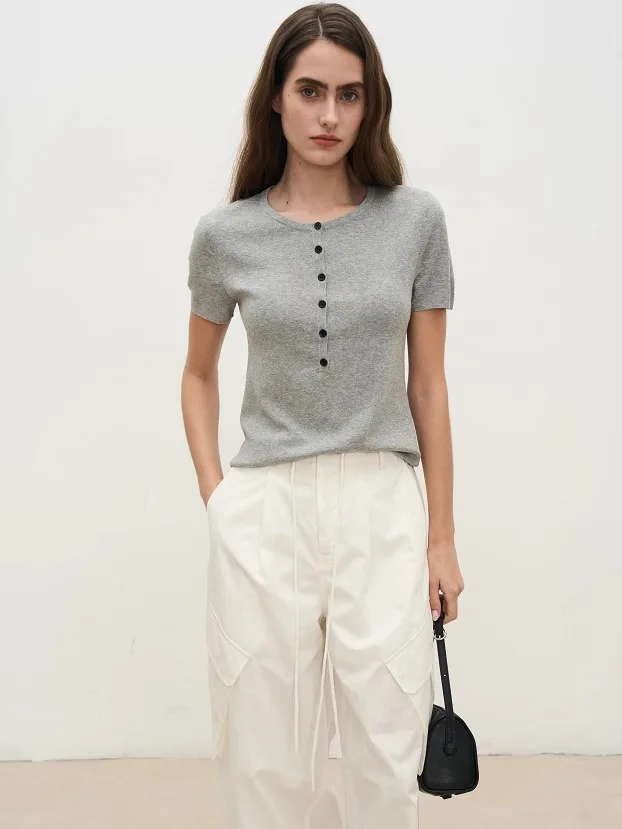 

Удобный легкий вязаный пуловер из шерстяной смеси с круглым вырезом и воротником хенли для женщин, повседневный стиль