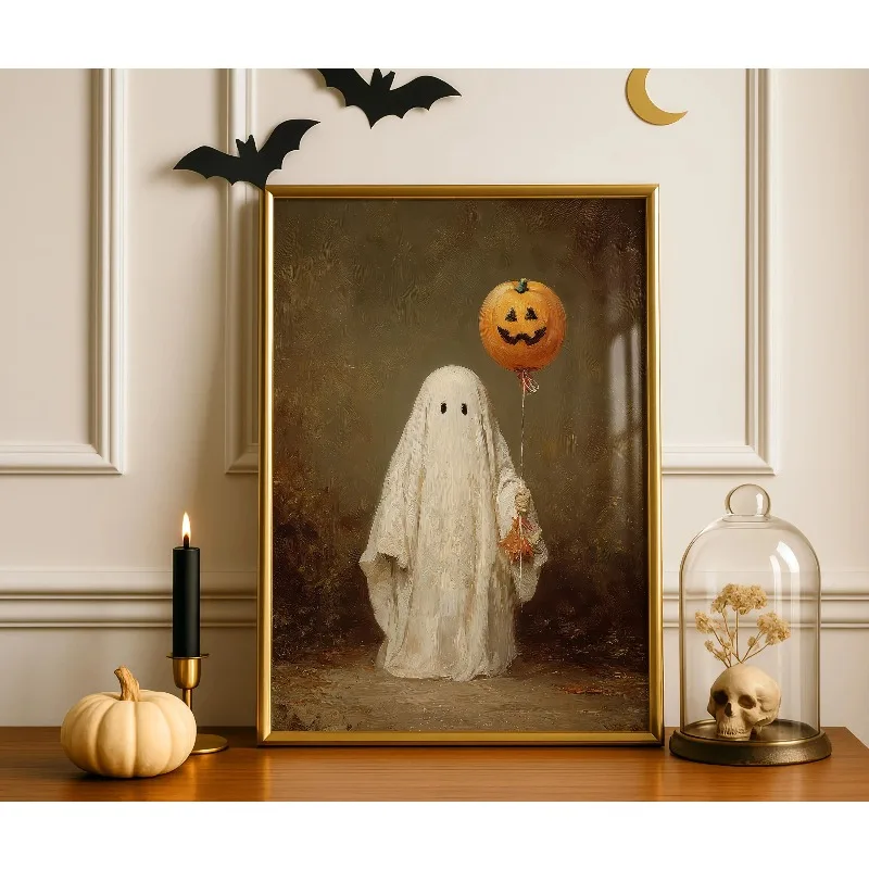 Set of 3 Cute Ghost Halloween Wall Art Retro Painting Balloon Pumpkin Poster Canvas Prints for Living Room Home Halloween Decor