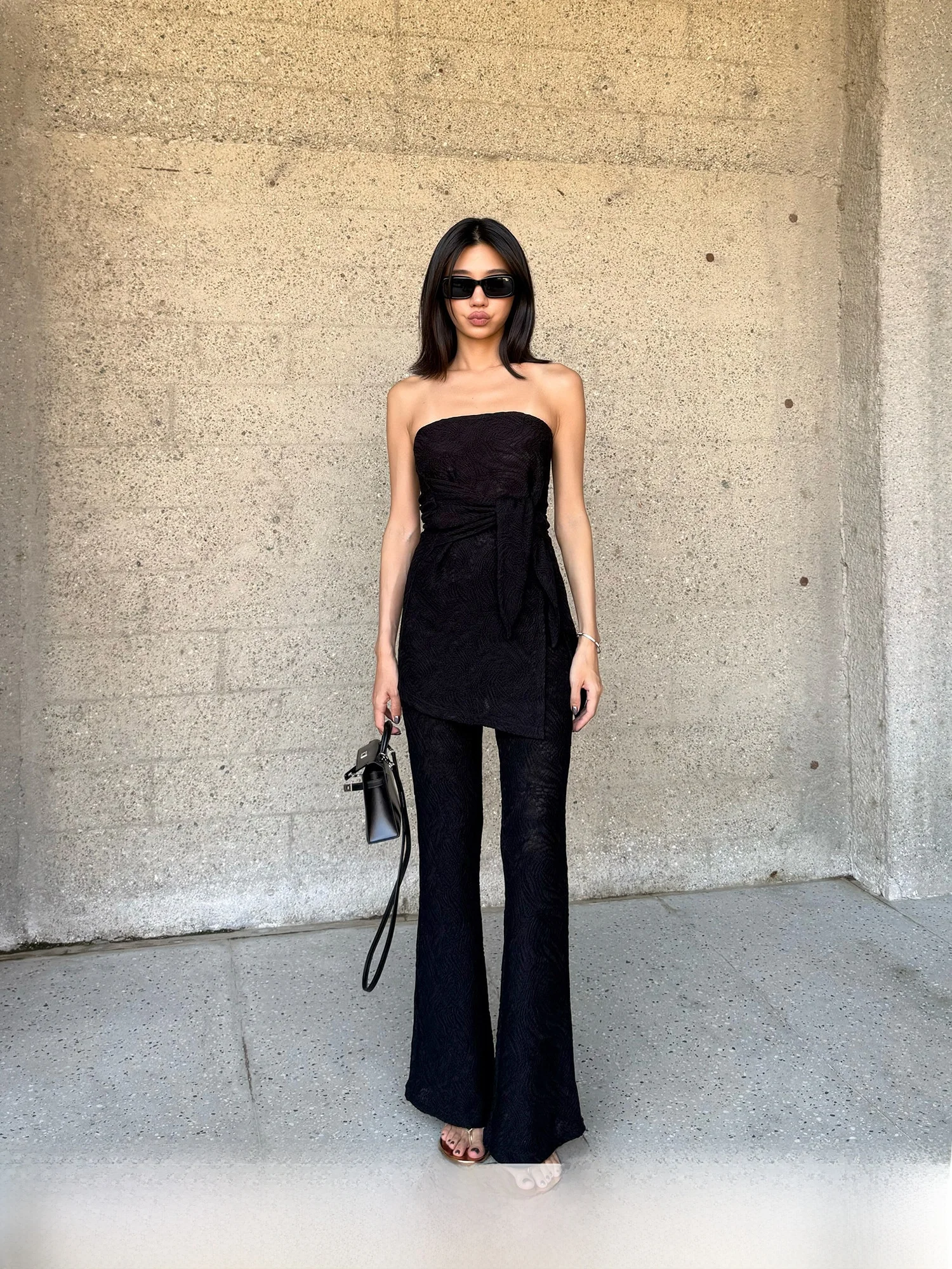 

Faionable черный укороченный топ и широкие брюки, комплект Miranda Song, летняя одежда из полиэфирного волокна для женщин, возраст 25–35 лет