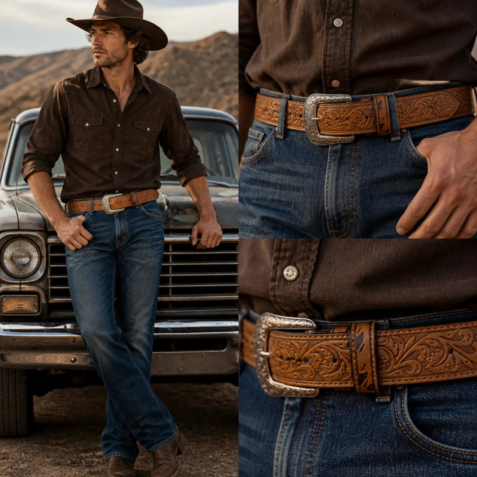 Western Vintage Embossed Leather Belt Strap No Buckle Men Women – Punk DIY Distressed Tooled Multi Color Replacement Belt