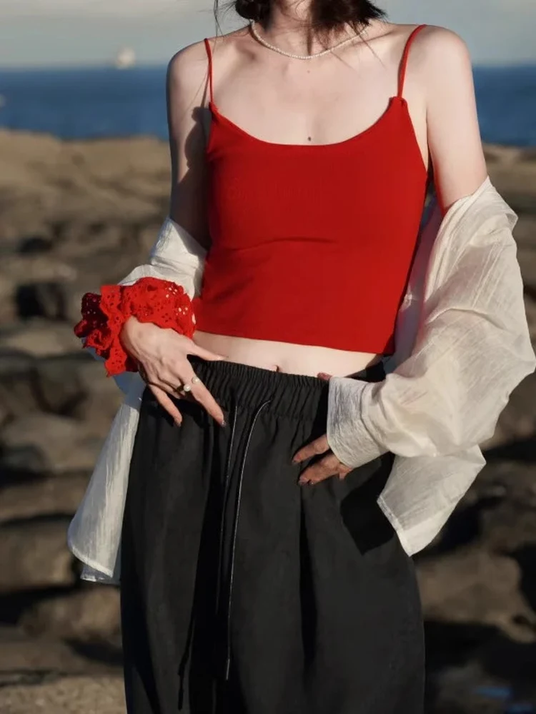 

Red Strapl Brtte with Chest Pad Beautiful Ba-Piece Vest Women Summer Outdoor Wear Anti-Light Base Layer Inner Mat...