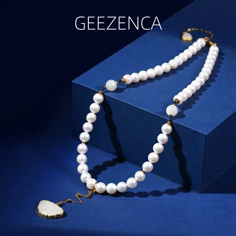 GEEZENCA Natural Freshwater Pearl Jade Butterfly Pendant Necklace For Women Luxury Trendy Handmade Designer 925 Silver Necklaces