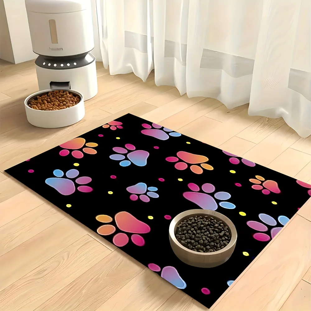 Non-Slip Pet Feeding Mat with Colorful Paw Prints Soft, Quick-Dry Leather Easy To Clean, Square Cat  Dog Food Pad