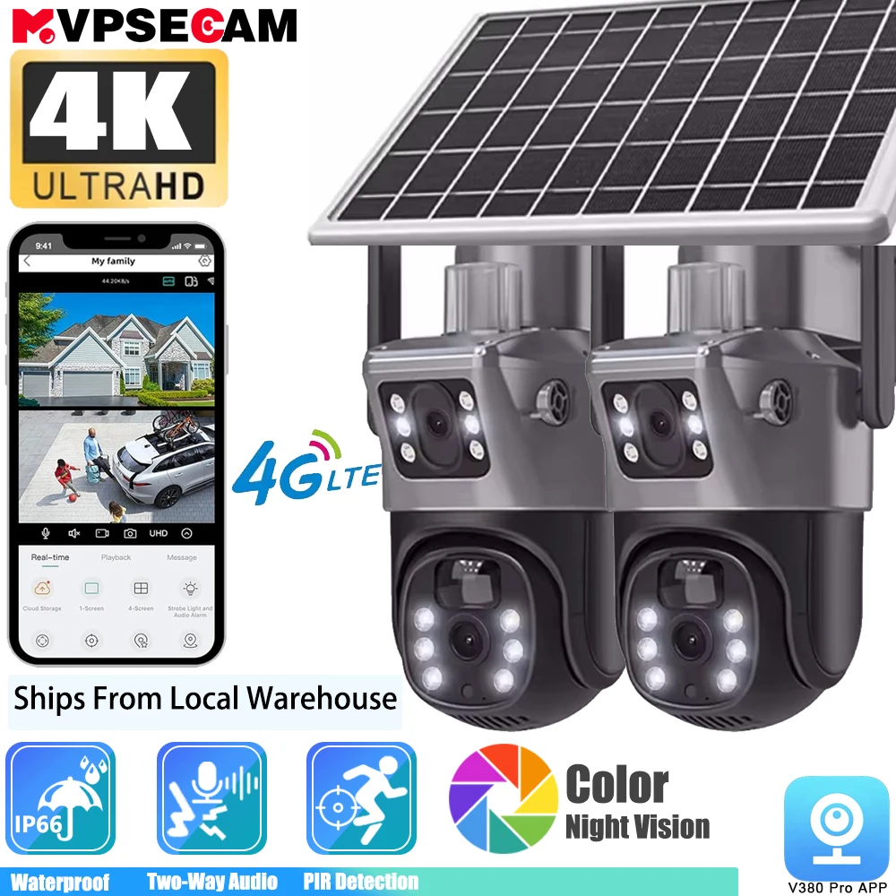 4K Outdoor PTZ Camera Built-in Battery 8MP 4G SIM Card Camera Solar Panel PIR Body Detection Waterproof Security Camera V380 Pro