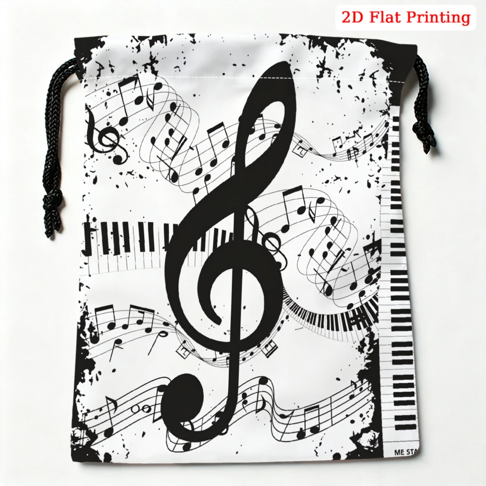 1pc Music Note Print Drawstring Bag White Black Musical Instrument Pattern Storage Small Pouch For Glasses Cosmetics Travel Orga