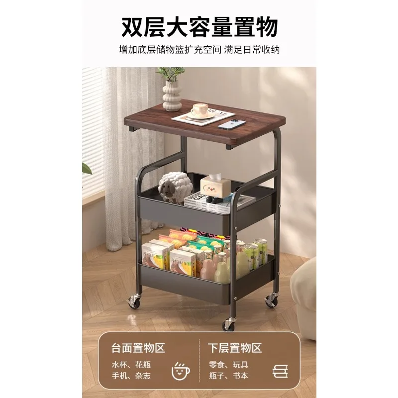 movable double-layer coffee table trolley, side table living room sofa storage with wheel tea table, bedroom shelf small table - view 3
