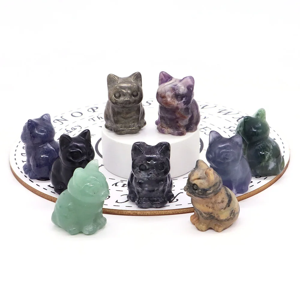 

1.2" Mini Gemstone Cute Cat Statue Healing Quartz Amethyst Fluorite Figurine Home Decor Carved Crystal Animal Mineral Specimen