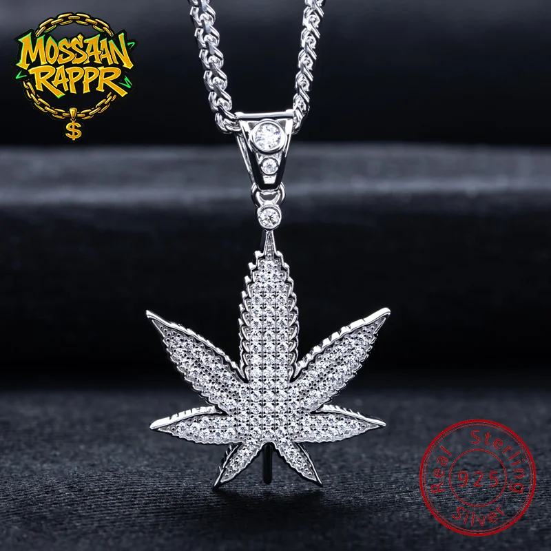 

MossanRappr Moissanite Hemp Leaf Pendant Iced Out Big Maple Necklace 925 Sterling Silver D Color Fashion Hip Hop Jewelry for Men