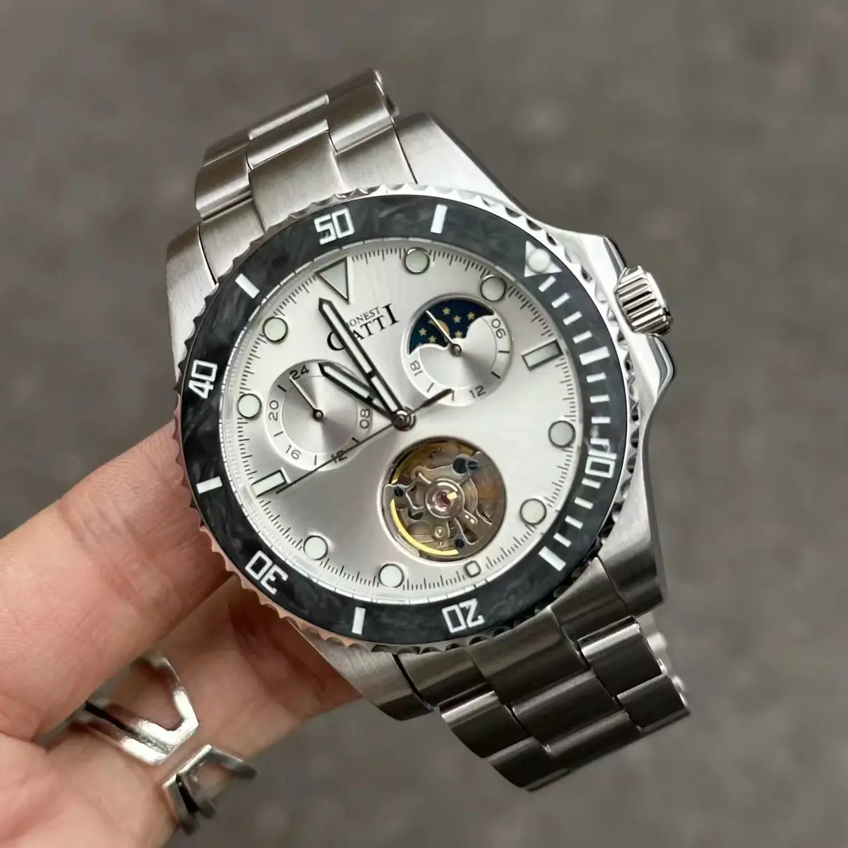 BONEST GATTI Men Automatic Watch 42mm Mechanical Wristwatch Sapphire Luminous Carbon Fiber Bezel 24 Hours Sun-Moon Dial Flywheel