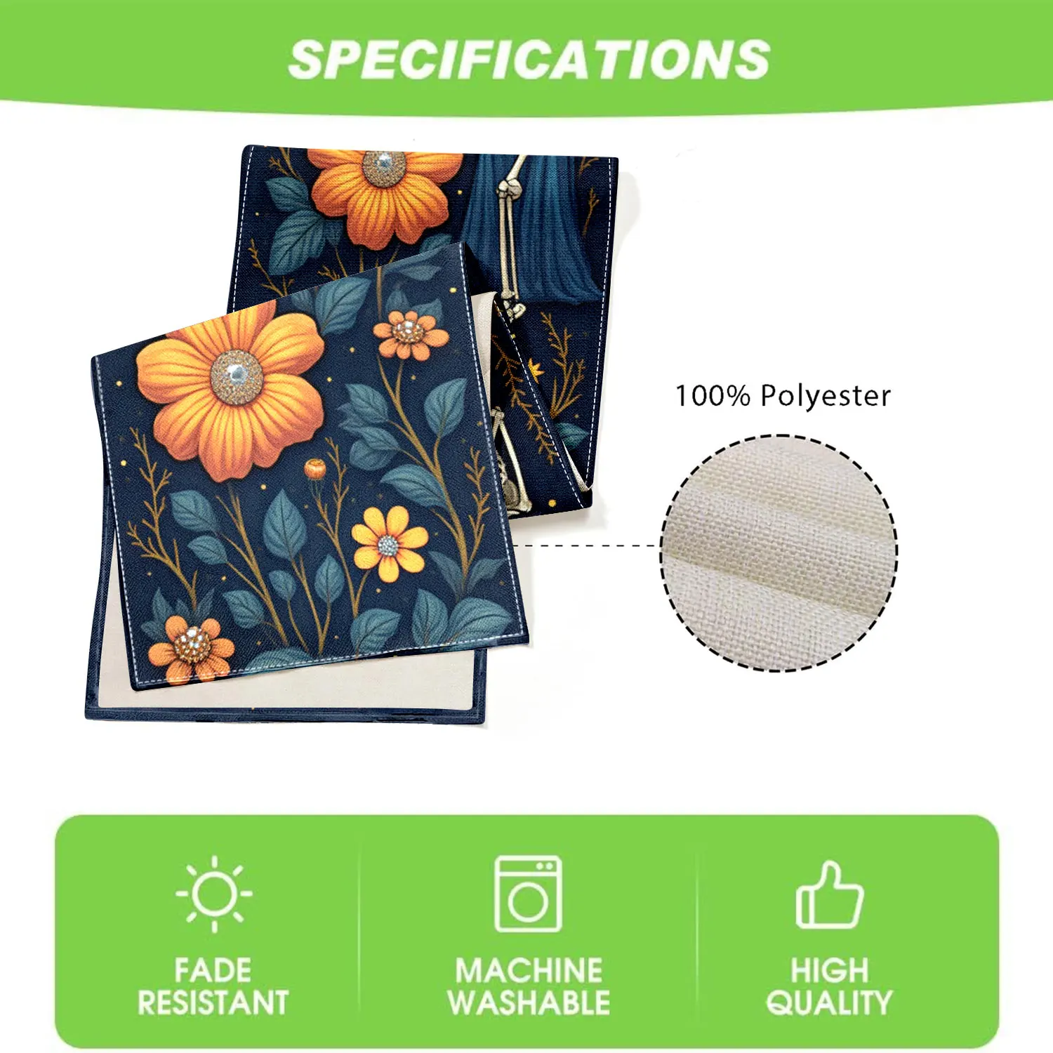 قطعة واحدة من مفرش طاولة الهيكل العظمي الخيالي للهالوين، خلفية زرقاء داكنة مع جماجم، زهور كبيرة، نجوم وأقمار، مناسبة لحفلات الهالوين، استوديوهات تحت عنوان، ديكور منزلي، هدايا العطلات، المماثيل الفنية، مشاهد الحفلات الخيالية #6