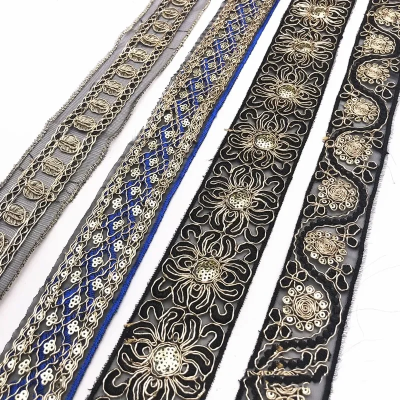 Embroidered Sequin Lace Trims, Floral Webbing Ribbon, Clothing Decorative, Bridal Lace, DIY Sewing Material for Dress, 1Yards