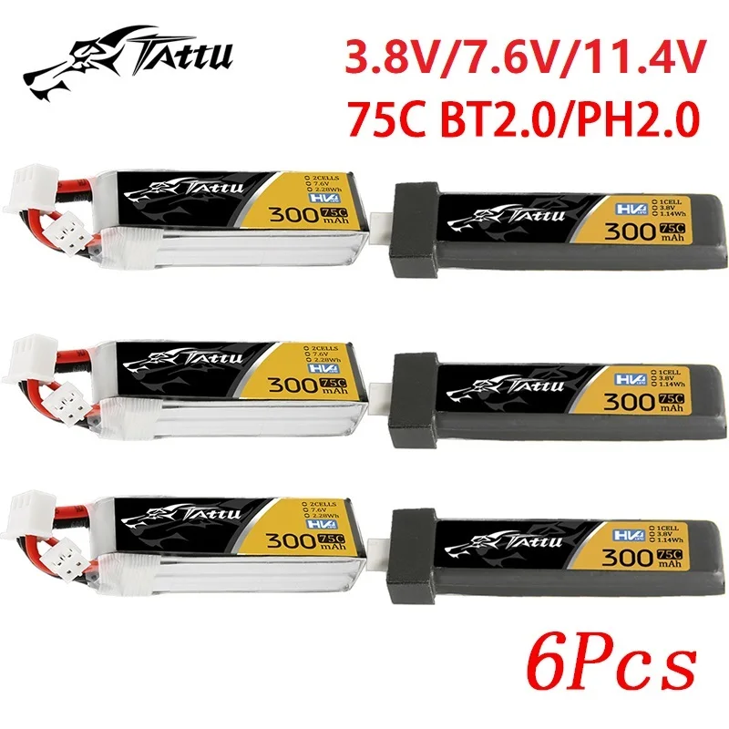 6 szt. Bateria Lipo TATTU 300mAh 75C 3.8V/7.6V/11.4V dla helikopter RC części do dronów wyścigowego Quadcopter FPV z wtyczką BT2.0/PH2.0