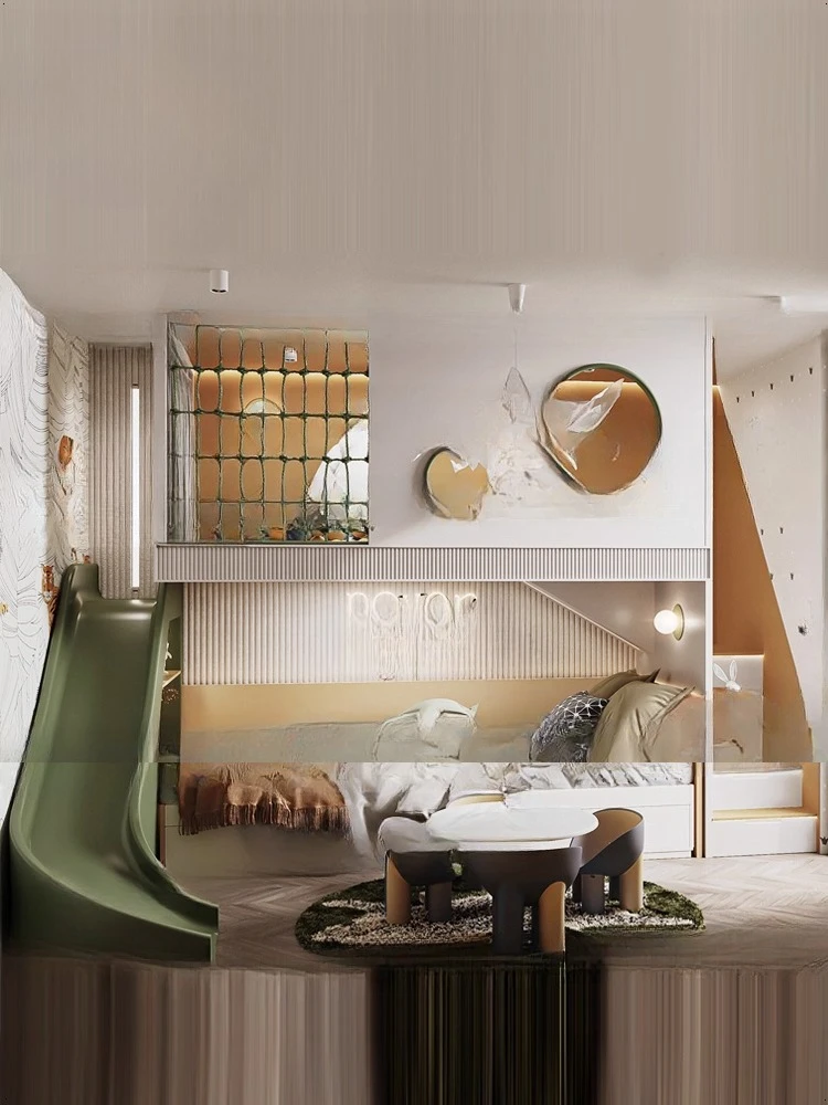 الأولاد يخرجون وخارج بيت لعب داخلي مع سرير بطابقين من الخشب الصلب