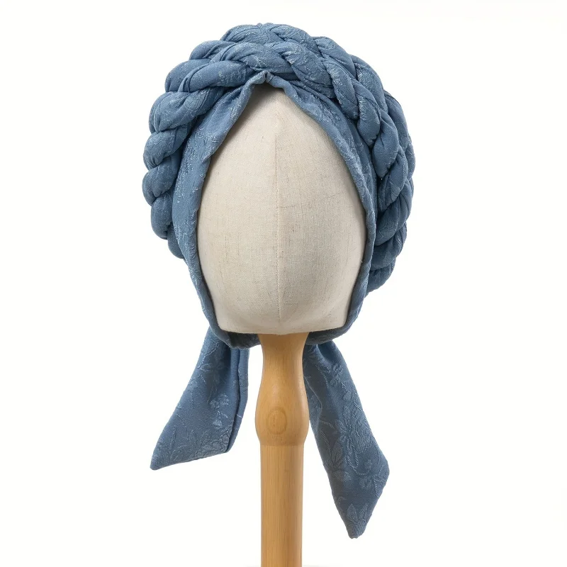 2pcs Set Detachable Headscarf Suit, Double Braid Pre-tied Turban Cap Solid Color Embossing Pleated Head Wrap Female Bonnet