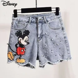 Disney New Arrival Top Fashion Cotton Women Embroidery Beading Mickey Mouse Female Summer Big Irregular Flash High Waist Short