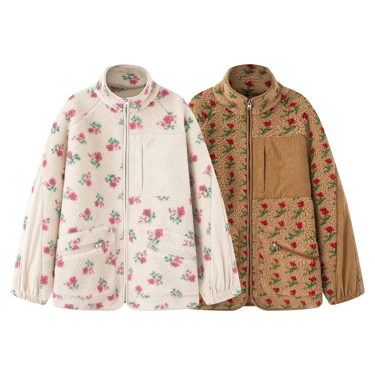 

Fashion Lambswool Women's Coats Patchwork Long Sleeve Zipper Pocket Female Parka Jacket 2025 Autumn New Arrival Lady Outerwear