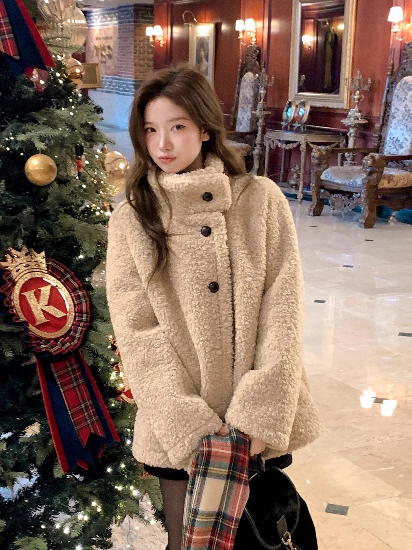 

Retro Lamb Velvet Cotton Jaet Women's Winter New Sle Warm Versatile Cotton Clothes Stand Collar Long Sve Korean Sle