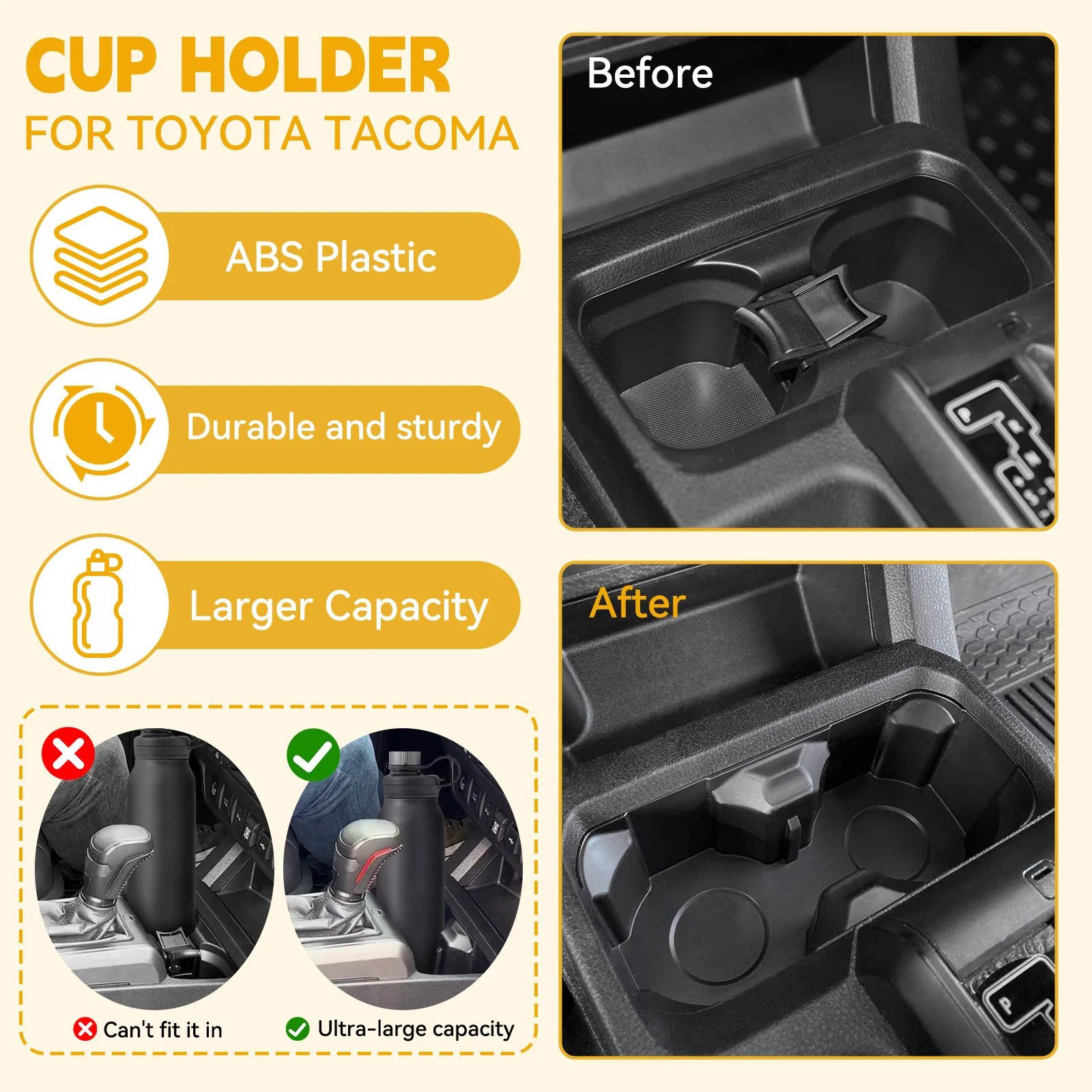 Cup Holder Insert For Toyota Tacoma 2016-2023 ABS Plastic Cup Holder Replacement Oversized Cup Holder 3.65”