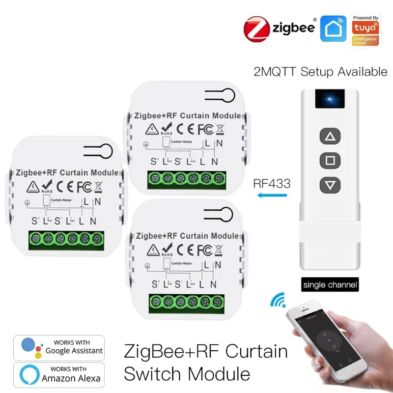 Tuya Smart ZigBee Curtain Switch Module RF433 Roller Blind Shutter Motor Smart Life APP Control Alexa Google Home 2MQTT Battery