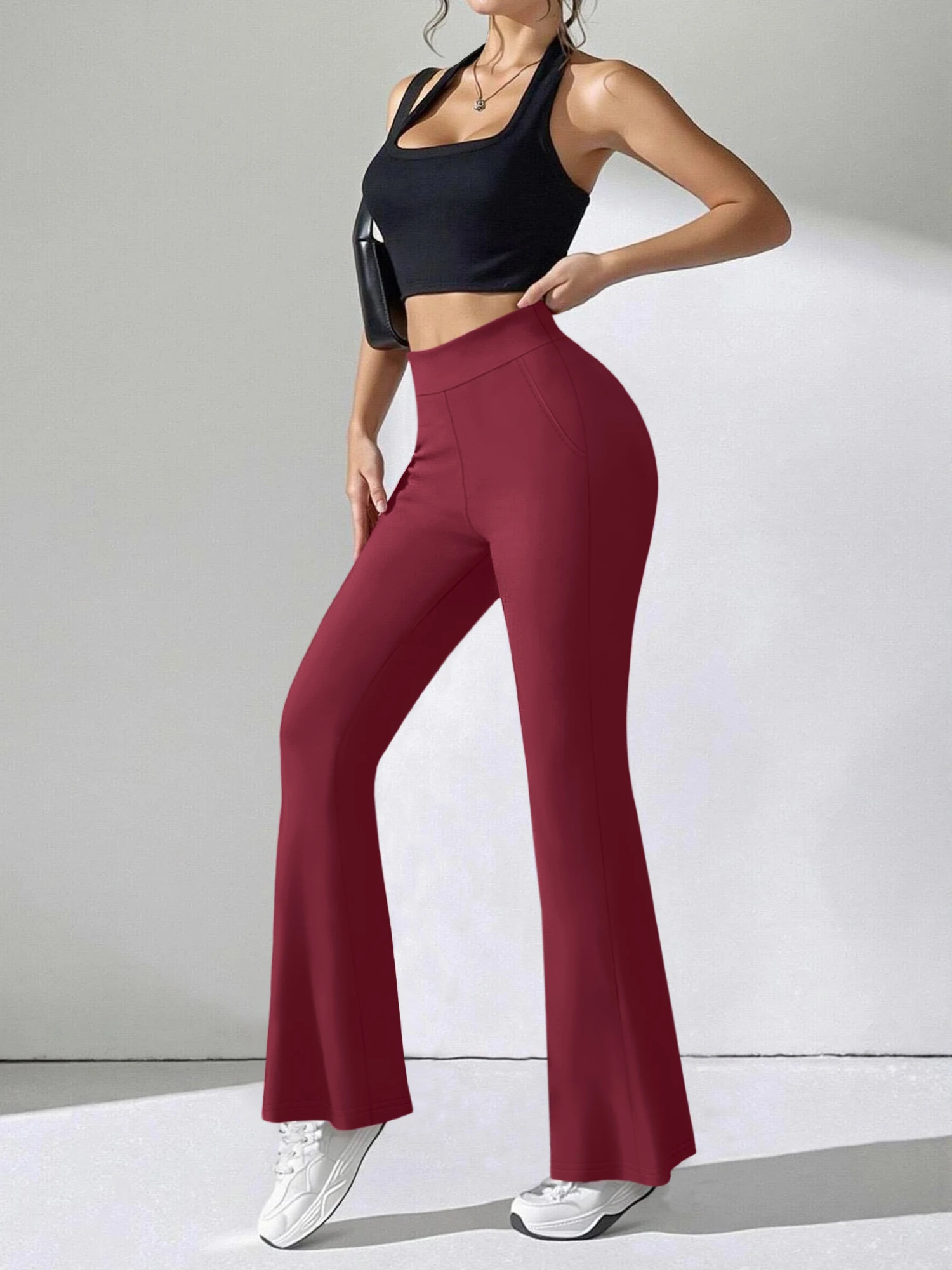 Soft Knit Women Bell Bottom Yoga Pants High Waist Side Pockets Stretch Flare Gym Jogging Casual Lounge Trousers