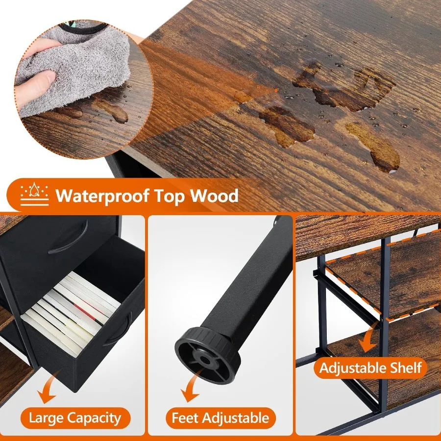 寝室とリビングルーム用のテレビスタンド、引き出し4つとオープンシェルフ付き、最大55インチのテレビに対応、ブラックとラスティックブラウンの木製